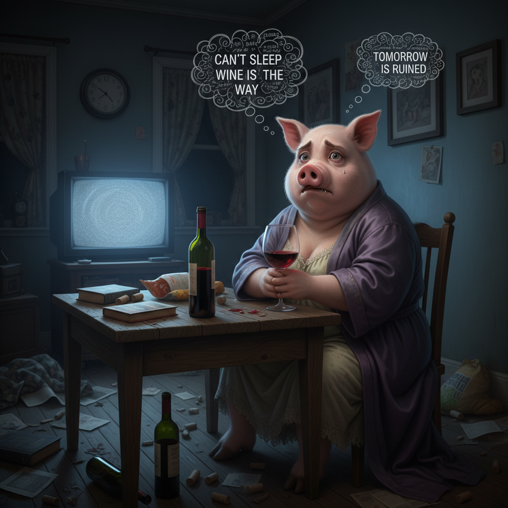 Miss Big Pig is having anxiety over her insomnia, drinking alone because she thinks if she doesn't …