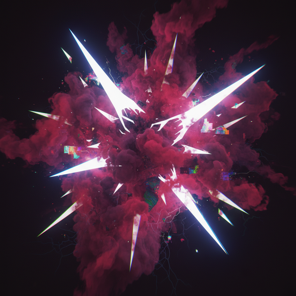 Abstract NFT art, Item #001 — "Fractured Fang." A chaotic yet elegant explosion of jagged white sha…