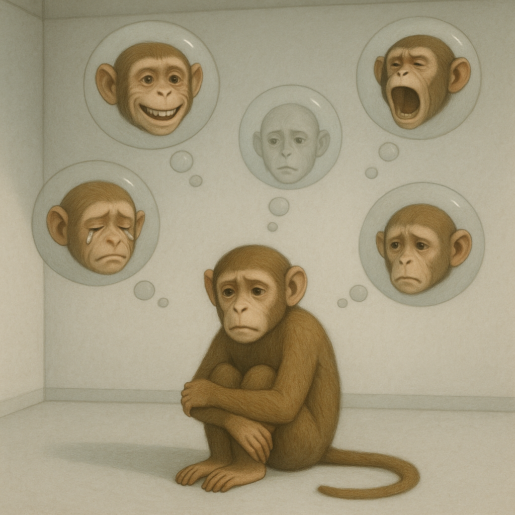 !gpt4o A [monkey] sits alone in a minimalistic room filled with floating, semi-transparent thought …