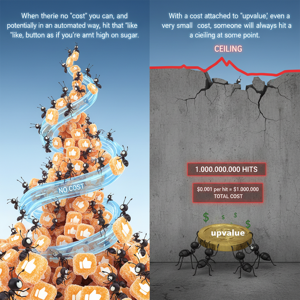 They are IMO not comparable: likes are "valueless" while upvalues bear "value".

!nb When there is …