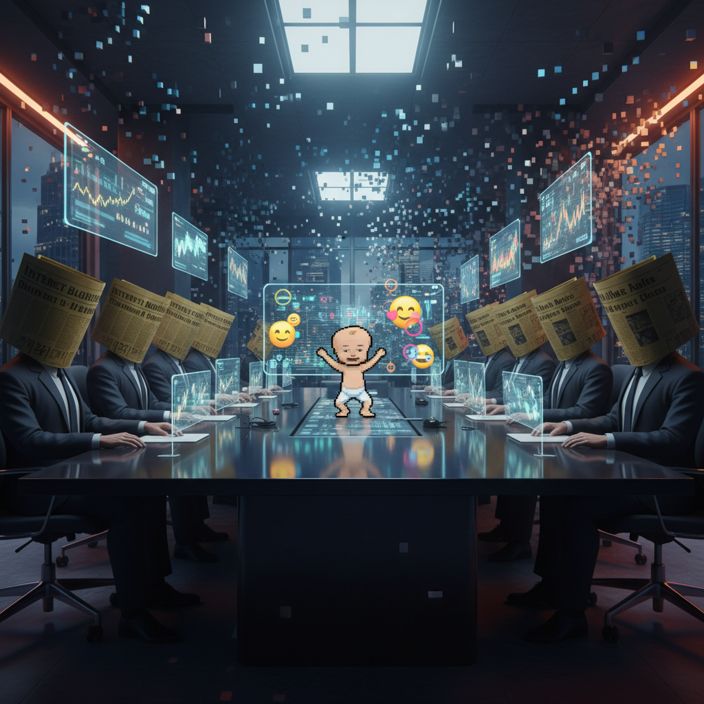 The Last Boardroom
!nb A giant conference table occupied by faceless executives whose heads are rep…