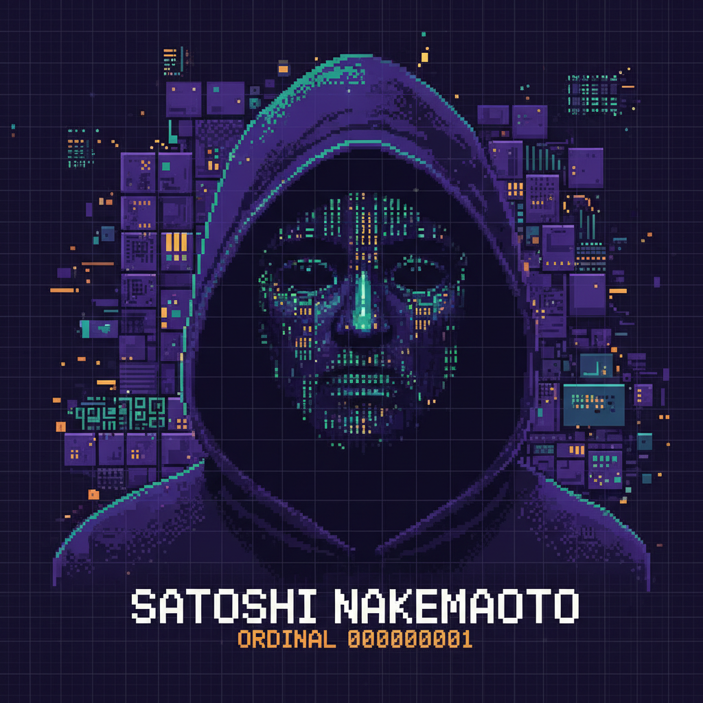 !nb pixilated satoshi nakamoto ordinal art.