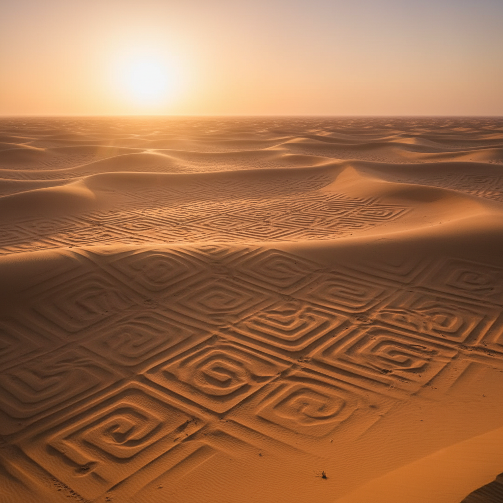 Wide cinematic shot of the Sahara at dawn, dunes aligned in perfect cryptographic symmetry, warm go…