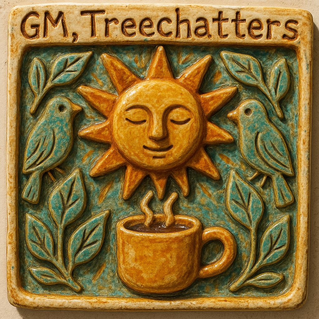 !gpt4o A handcrafted ceramic composition of a sun motif surrounded by sculpted birds, leaves, and a…