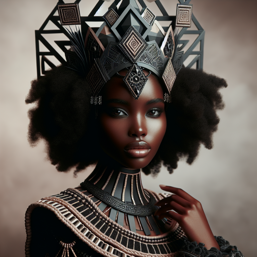 !dalle A regal Black Queen, afrofuturism, wearing a geometric crown fused with tribal patterns in s…