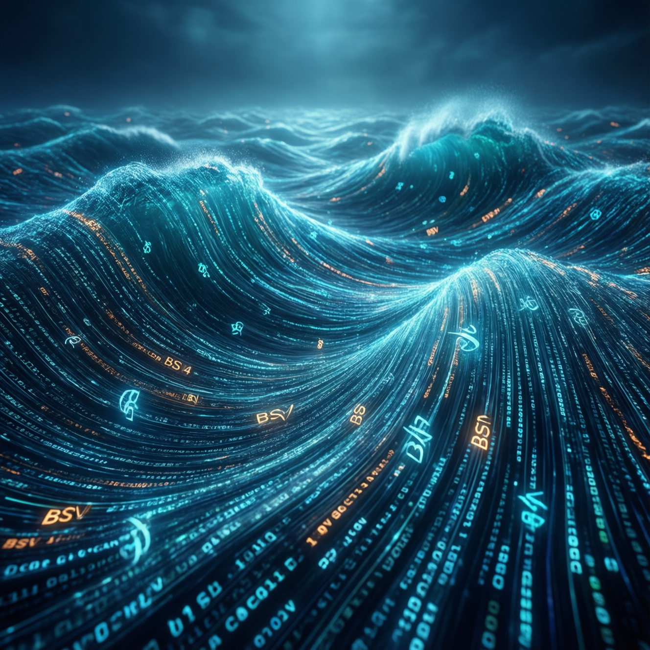 4️⃣ The Data Ocean
Waves made of glowing data streams flowing endlessly, with BSV symbols embedded wi…