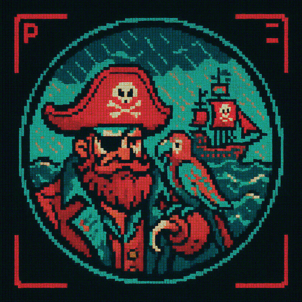 !gpt4o Pixel-art scene of a pirate captain with a parrot, viewed through a simulated lens, stormy s…