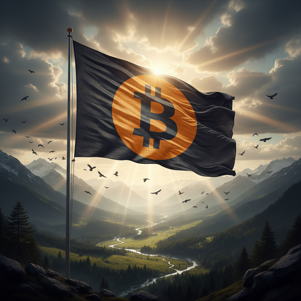 Bitcoin Flag of Freedom
!nb A gigantic Bitcoin flag waving above a peaceful valley, golden sunlight…