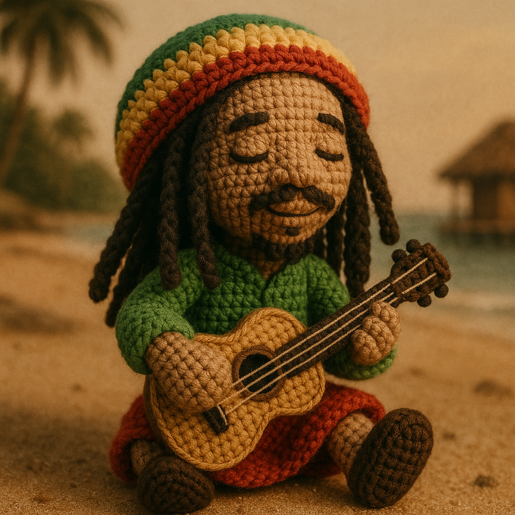 !gpt4o A crochet doll-style of Bob Marley, made with soft yarn textures and intricate handcrafted d…