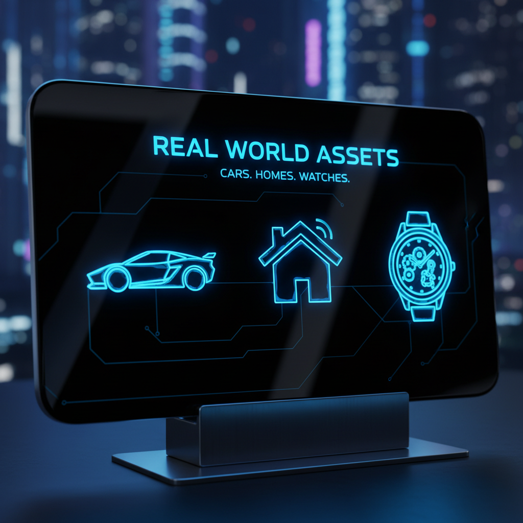 !nb A black, super futuristic futuristic icon display for Real World Assets. Hyper-realistic, super…