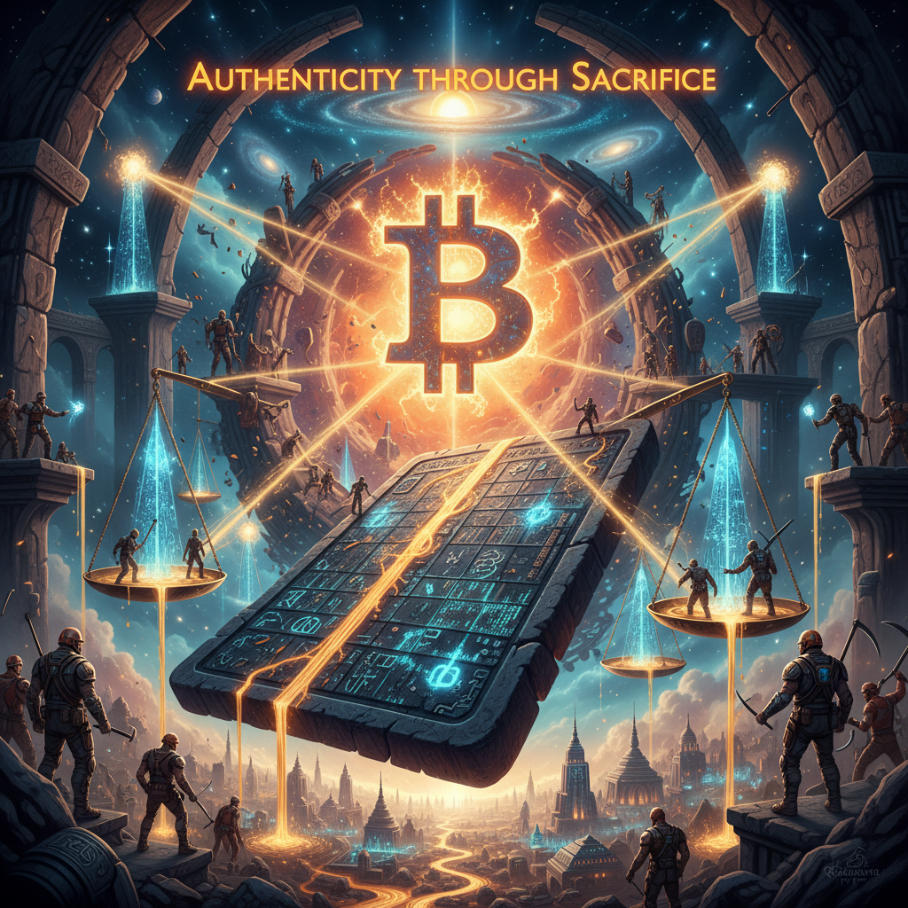 A colossal glowing Bitcoin forged inside an ancient cosmic furnace, suspended above a vast ledger c…
