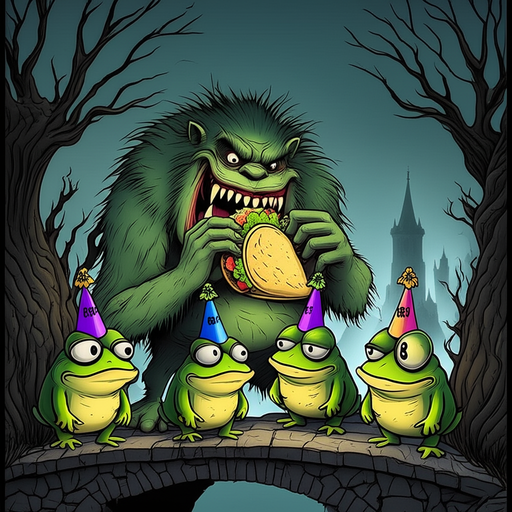 !edit troll is eating taco and each frog hold egg colored like their hat