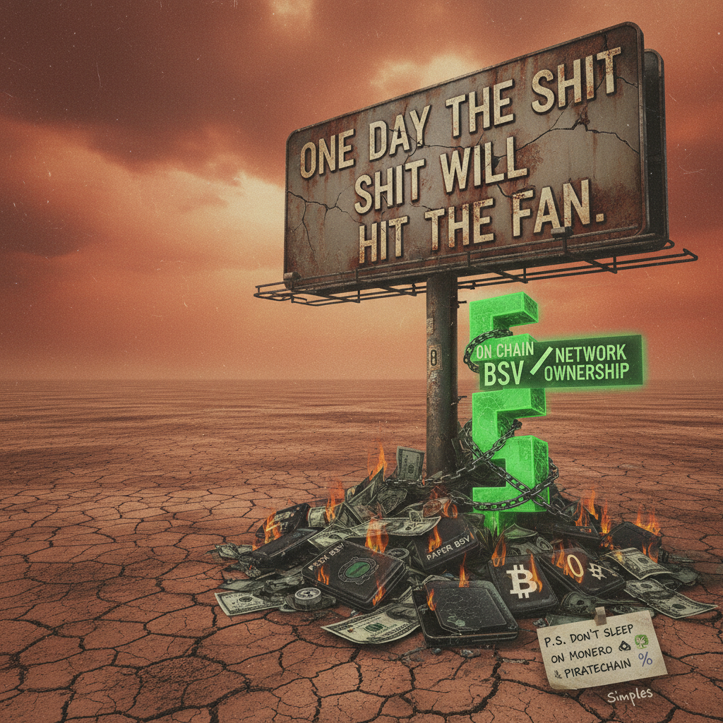 One day the shit will hit the fan.
All the $ gains, all the BTC in cold storage,  all the paper BSV…