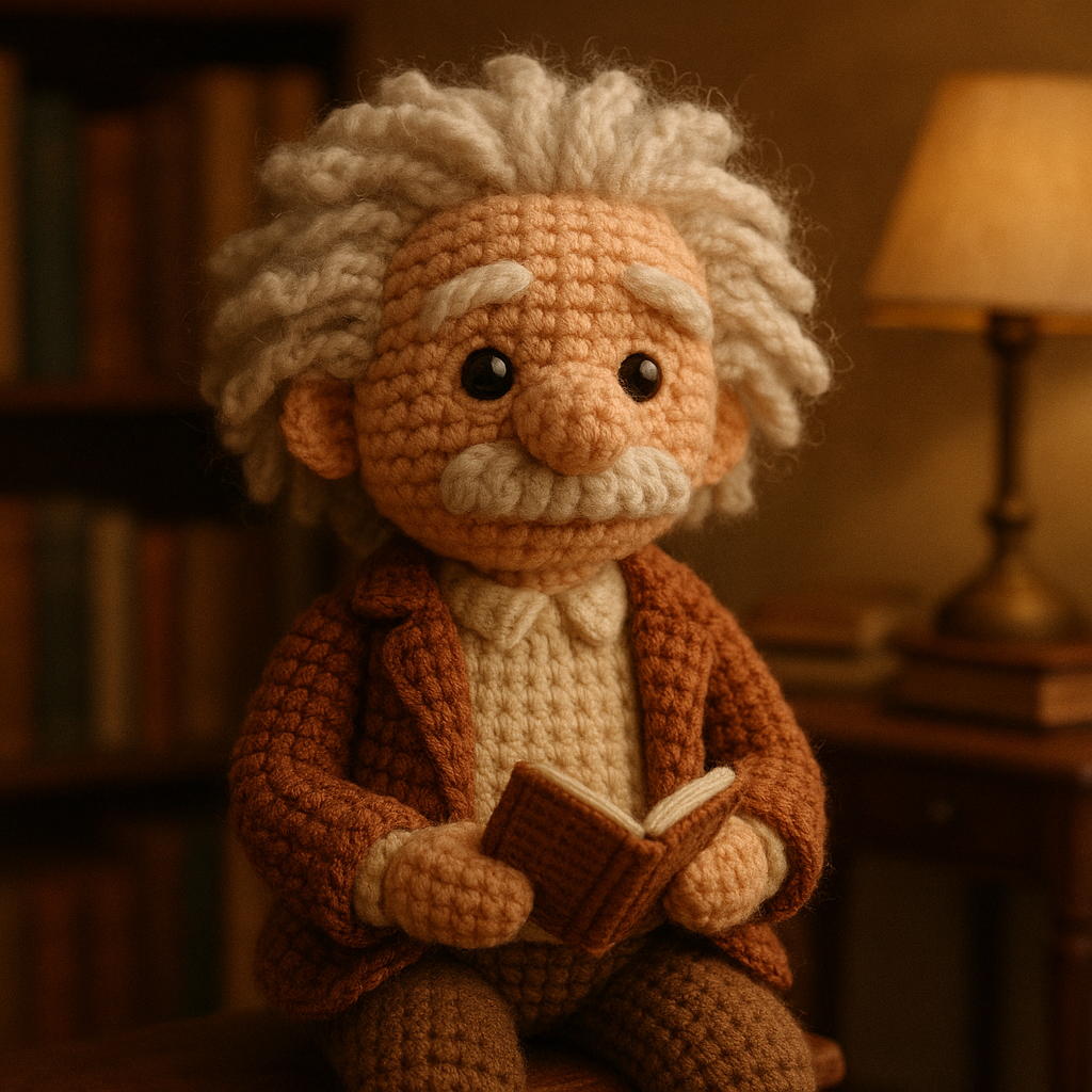 !gpt4o A crochet doll-style of Albert Einstein, made with soft yarn textures and intricate handcraf…