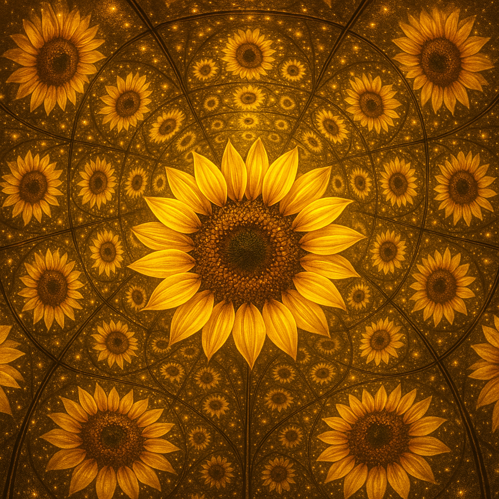!gpt4o A vibrant sunflower reflected within a Fractal Infinity Mirror, creating endlessly repeating…