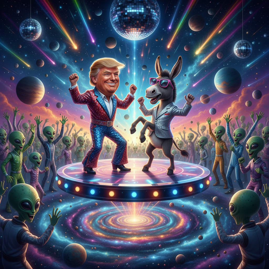 Dance Battle in Space
!nb Donald Trump and a goofy donkey dancing on a floating platform among plan…
