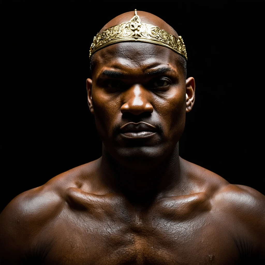 Close-up portrait of a Hornbound ruler with scarification and gold inlays, eyes calm and dominant, …