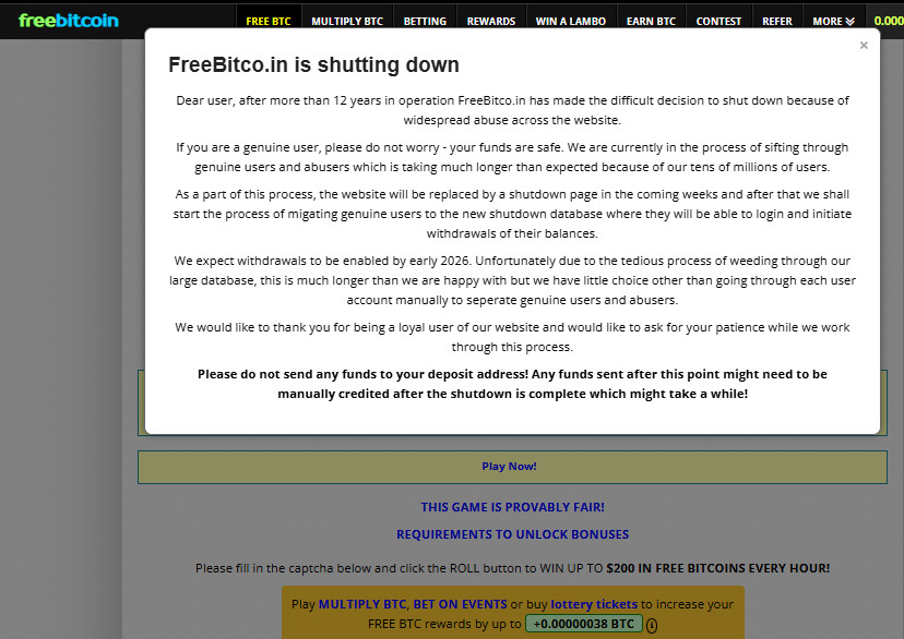 Attention ! IMPORTANT! FreeBitco.in is shutting down. Please read this message