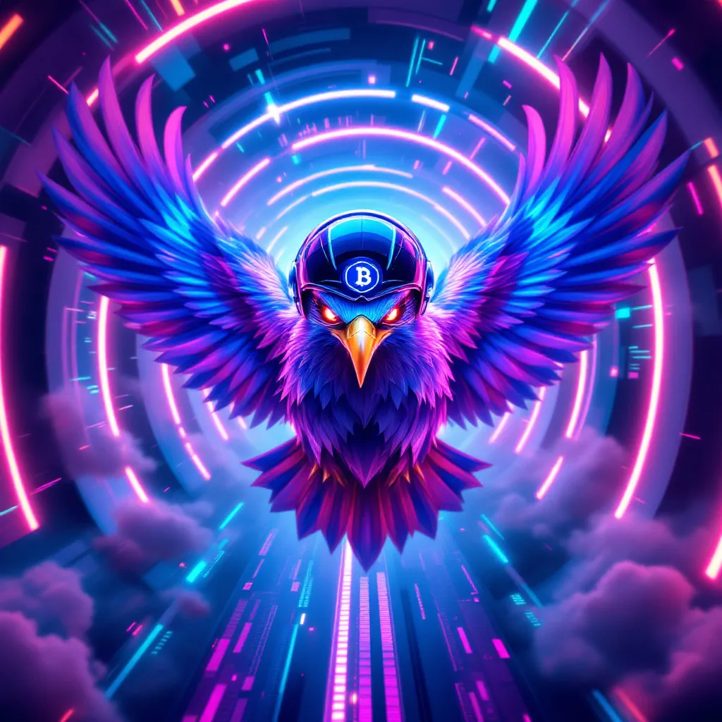 !flux11 A cool 3D eagle wearing a pilot helmet with BSV insignia, flying through a virtual metavers…