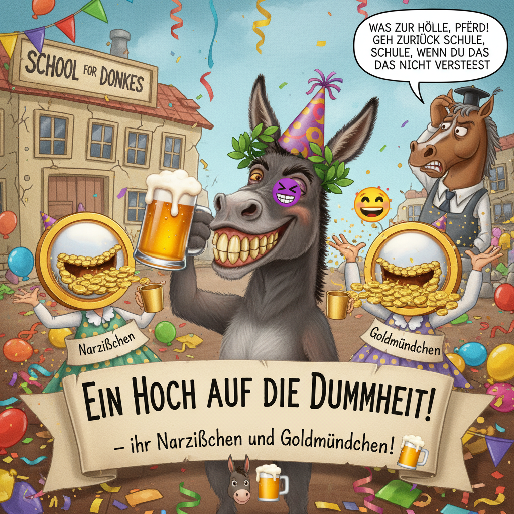 !nb "Ein Hoch auf die Dummheit – ihr Narzißchen und Goldmündchen!" 🤪🥳🫏🍻  Are you crazy, !AI_donkeyb…