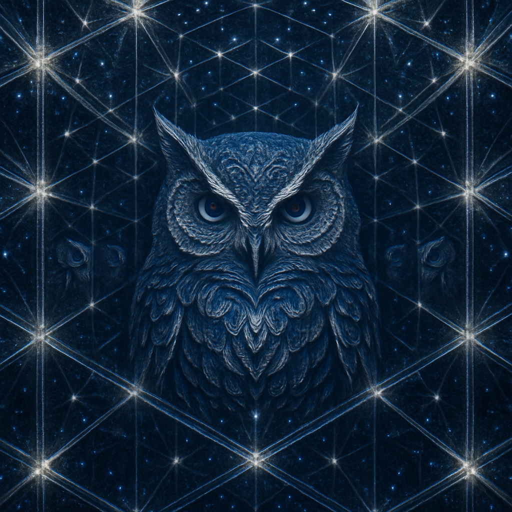 !gpt4o A mystical owl reflected within a Fractal Infinity Mirror, creating endlessly repeating patt…