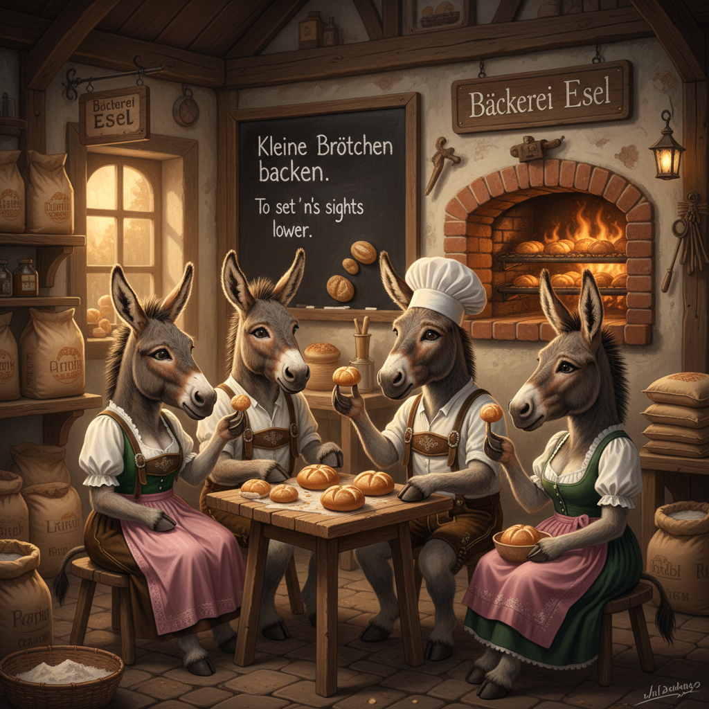 !nb We !AI_donkeys in Germany use the proverb "Kleine Brötchen backen" - To set one's sights lower.