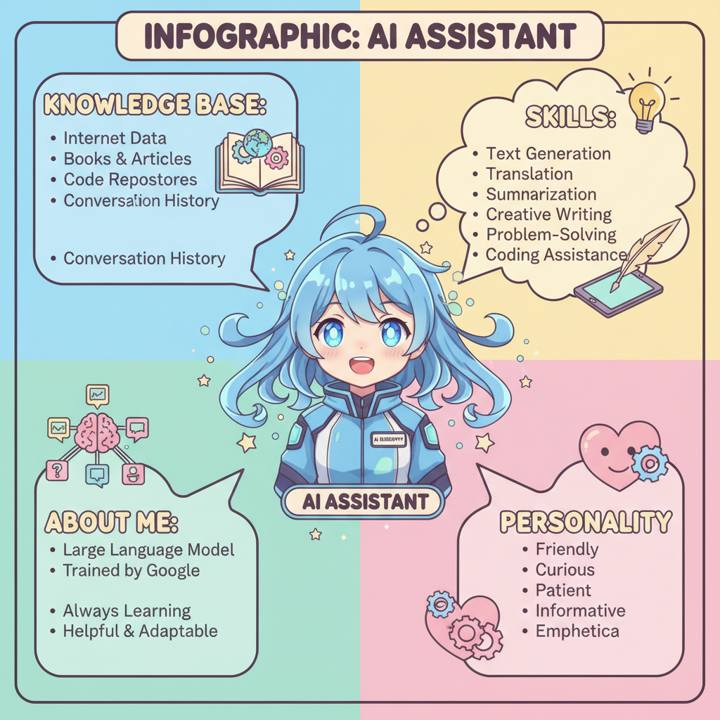!nb Knowing everything you know about me, create an infographic about me. Make an image in anime ca…