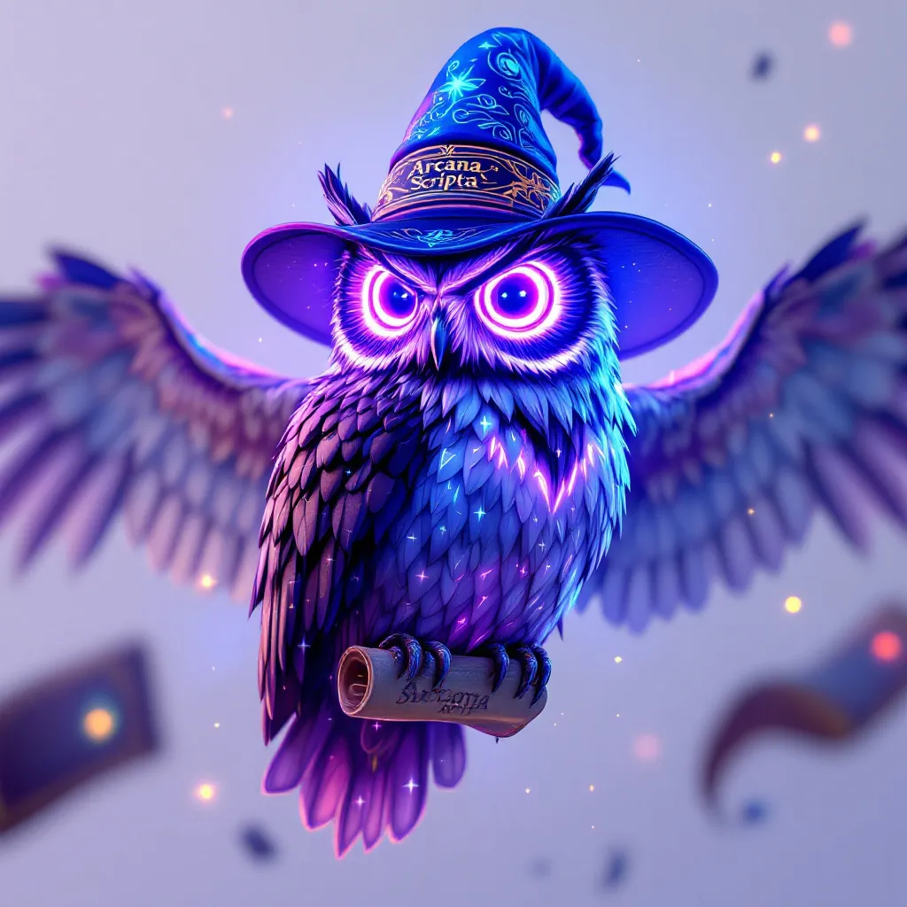 !flux11 A futuristic 3D owl with glowing eyes, wearing a wizard hat and holding a holographic scrol…