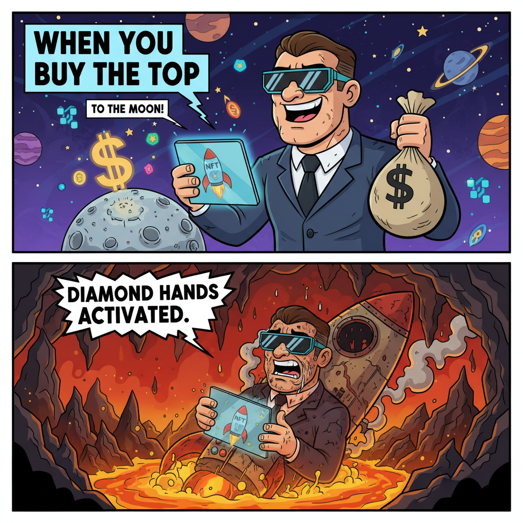 !nb “When You Buy the Top” Character proudly buying an NFT rocket at the moon… next panel crashes u…