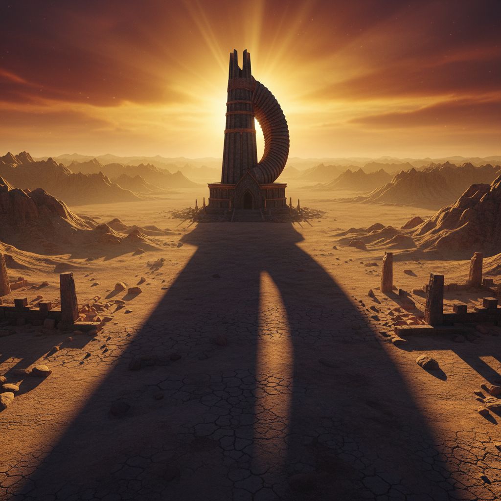 Symbolic scene of a horn-shaped monument casting a long shadow across ancient land, sunset gold pal…
