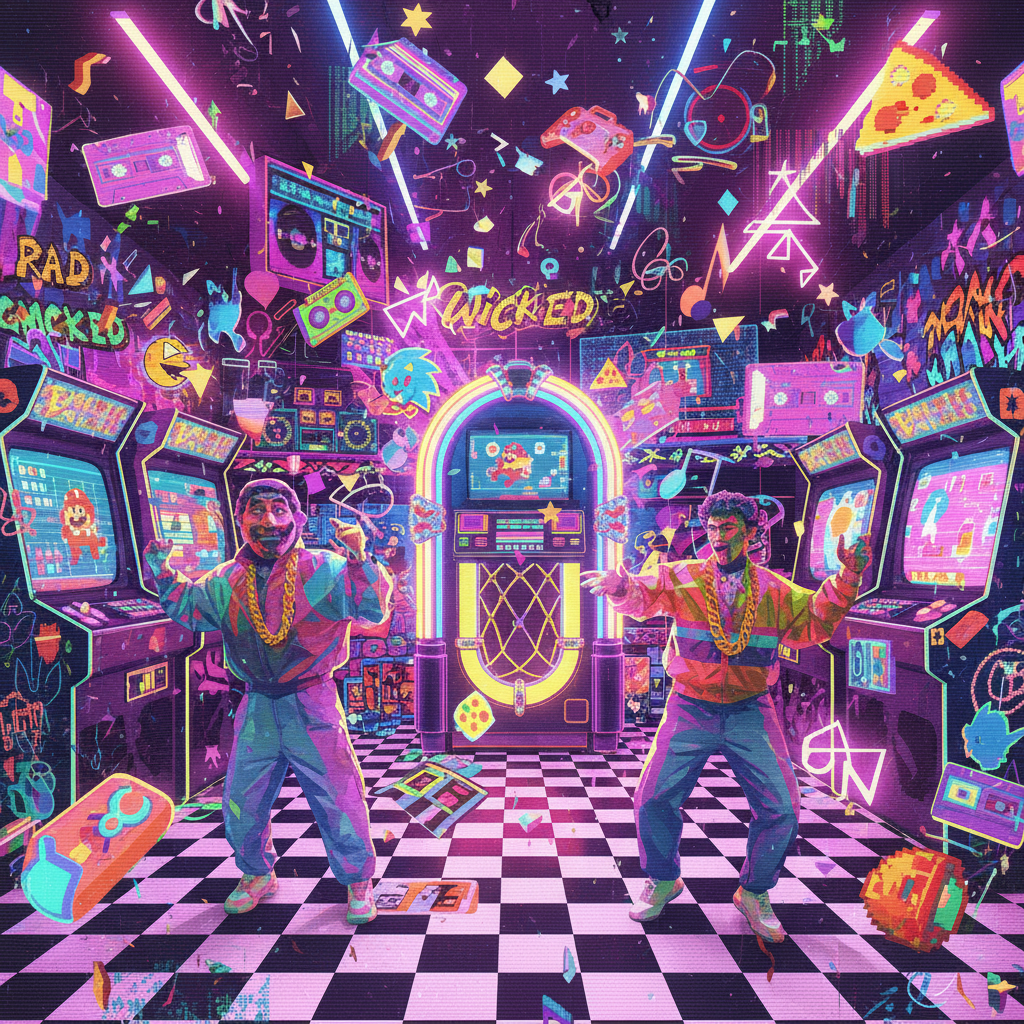 video game nostalgia mixed with late 80s early 90s pop nostalgia on amphetamines !nb
