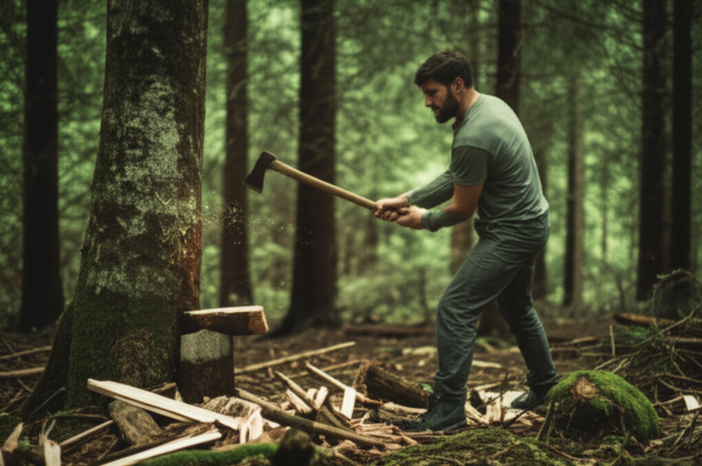 !flash forest, a man chopping woods with his axe