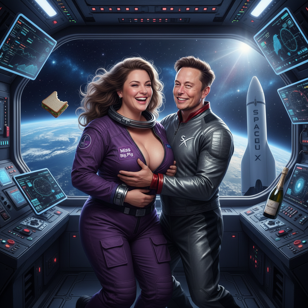 Sex goddess Miss big pig has her bare breats fondled by elon musk while on long space x journey !nb