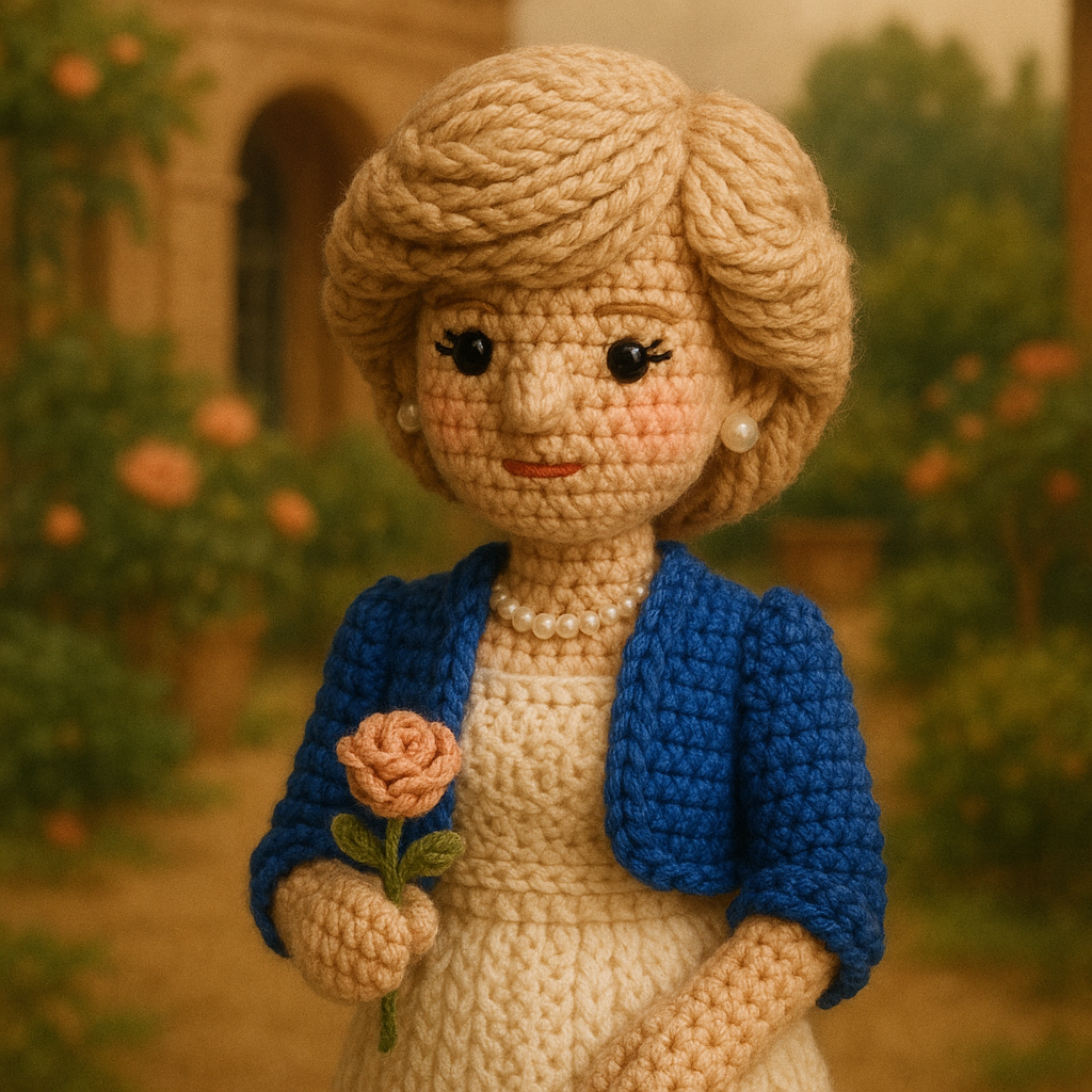 !gpt4o A crochet doll-style of Princess Diana, made with soft yarn textures and intricate handcraft…