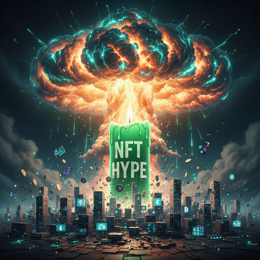 !nb Giant green candle labeled “NFT HYPE” exploding like a nuclear bomb over crypto city