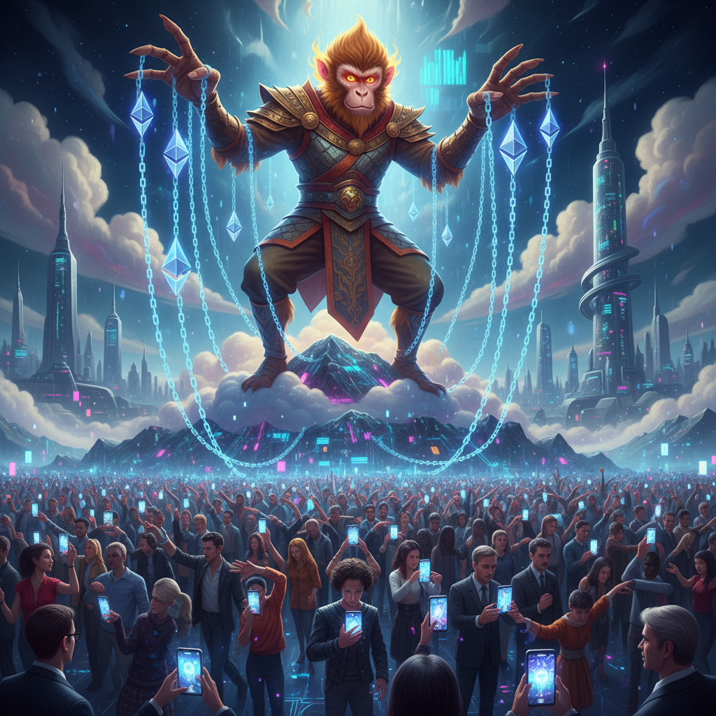 !nb Giant monkey king controlling crowds with puppet strings made of Ethereum logos