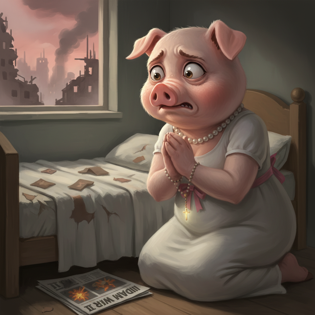 Miss Big Pig had a dream about world war 3, she woke up so scared that she got down on her knees an…