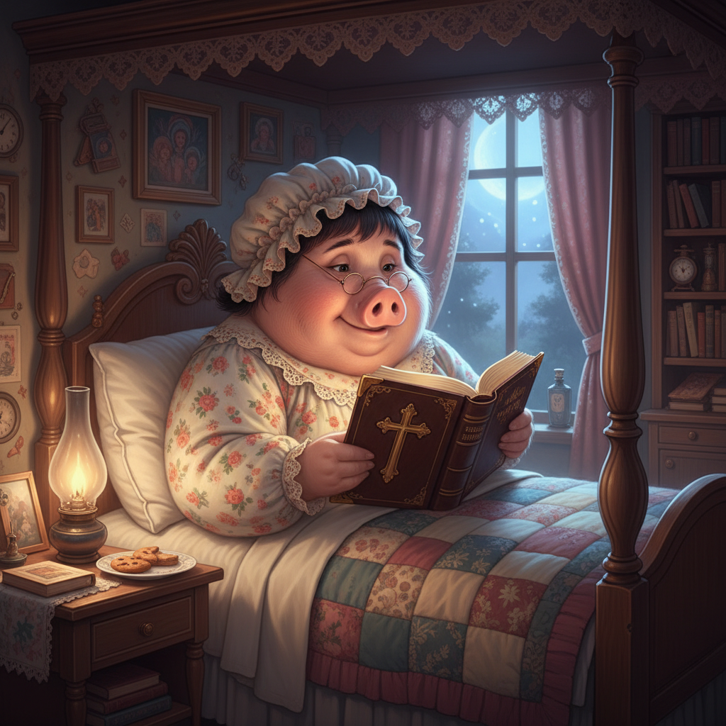 Miss Big Pig always reads her bible before bed. !nb