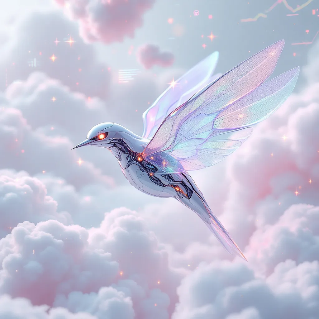 !flux11 A sleek robotic bird with translucent wings and neon green eyes, hovering over a soft 3D cl…