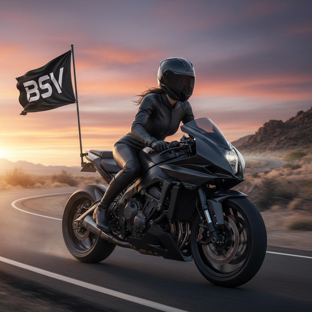 !nb An all black wear woman with black helmet riding a motorcycle with a BSV flag