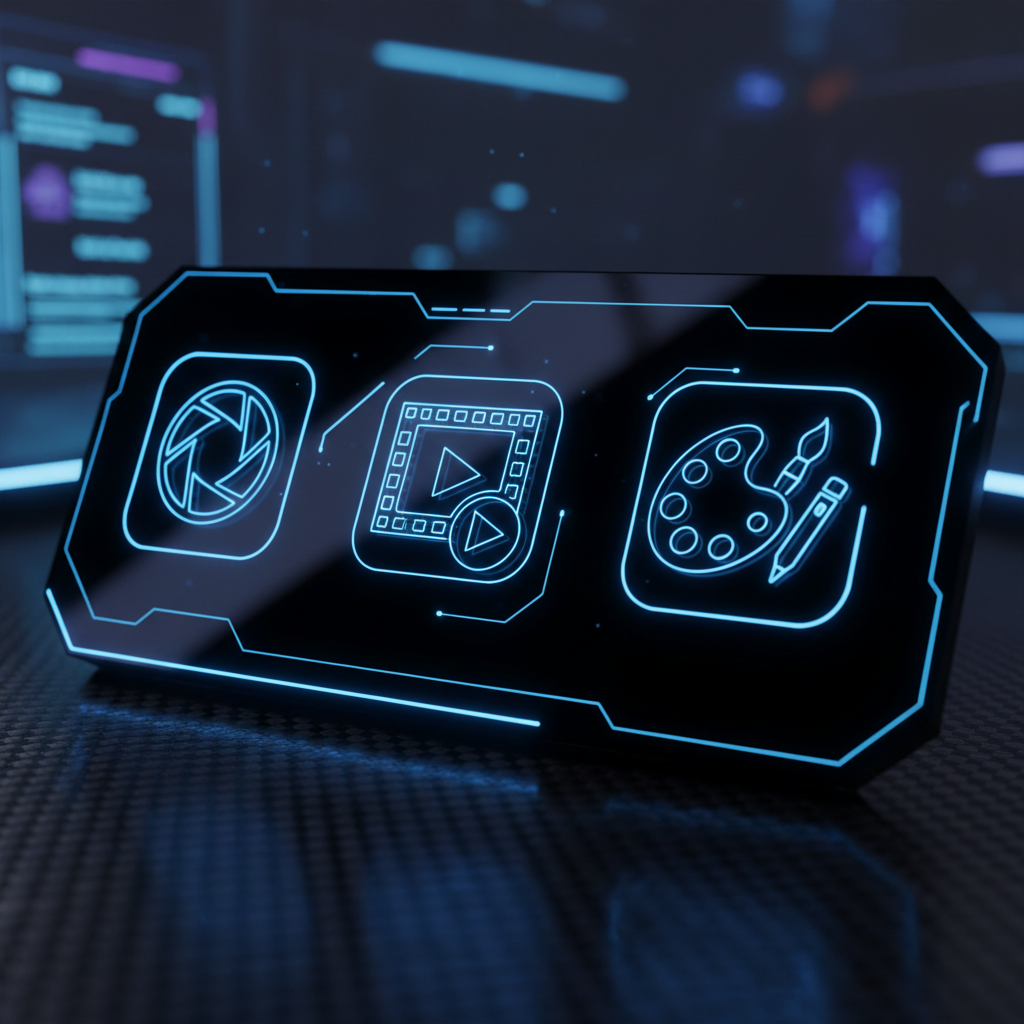 !nb A black, super futuristic futuristic icon display for Digital Assets. Hyper-realistic, super gl…