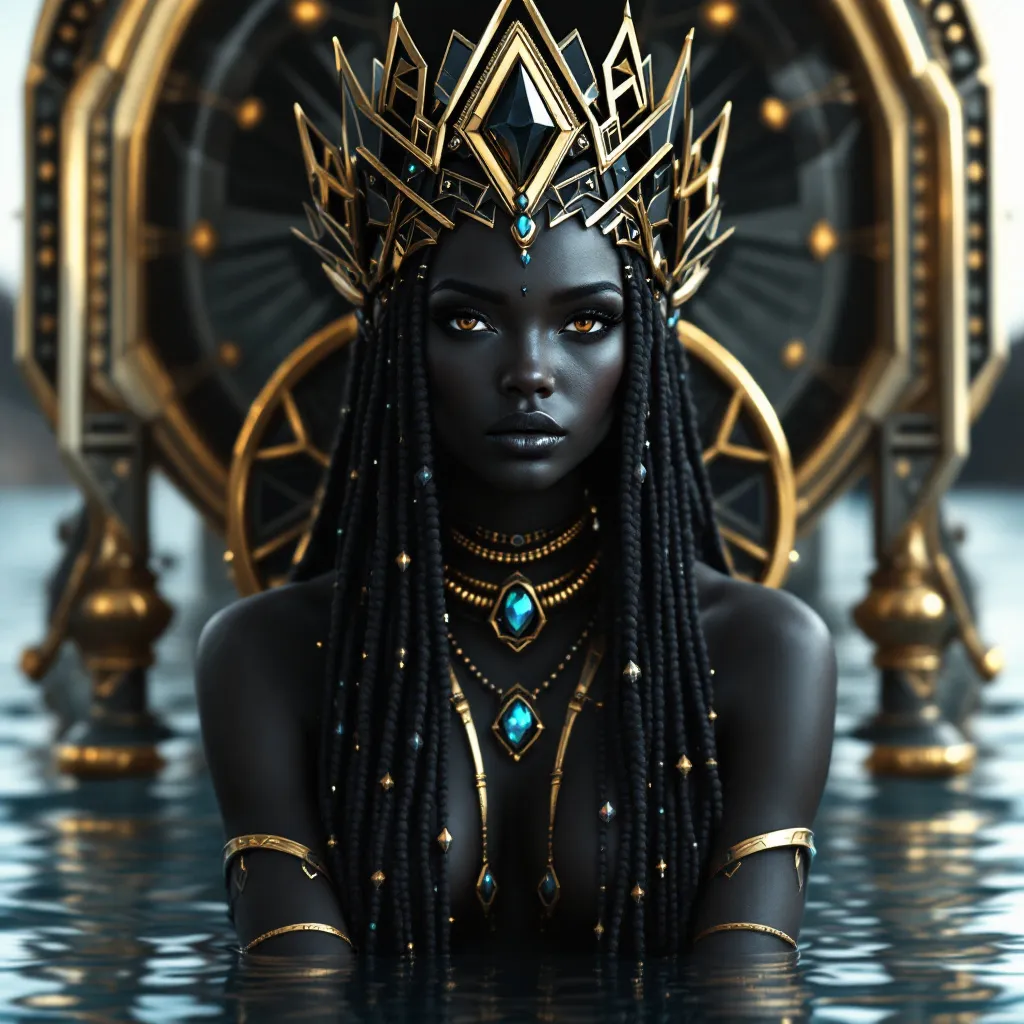 !flux11 A regal Black Queen, in 3D pixel, wearing a geometric crown fused with tribal patterns in s…