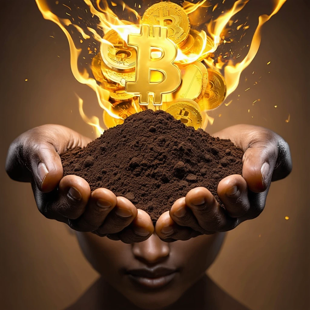 10. The New Gold
African hands holding soil that transforms into floating golden Bitcoin coins, dra…