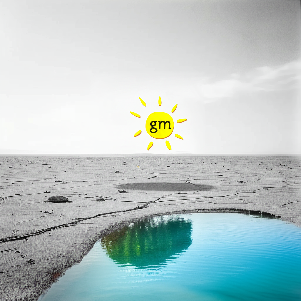 !edit add a small yellow sun written "gm" on it, in the sky