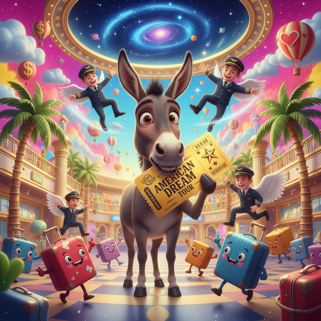 One-Way Ticket to Adventure
!nb A confused donkey proudly holding a golden airplane ticket labeled …
