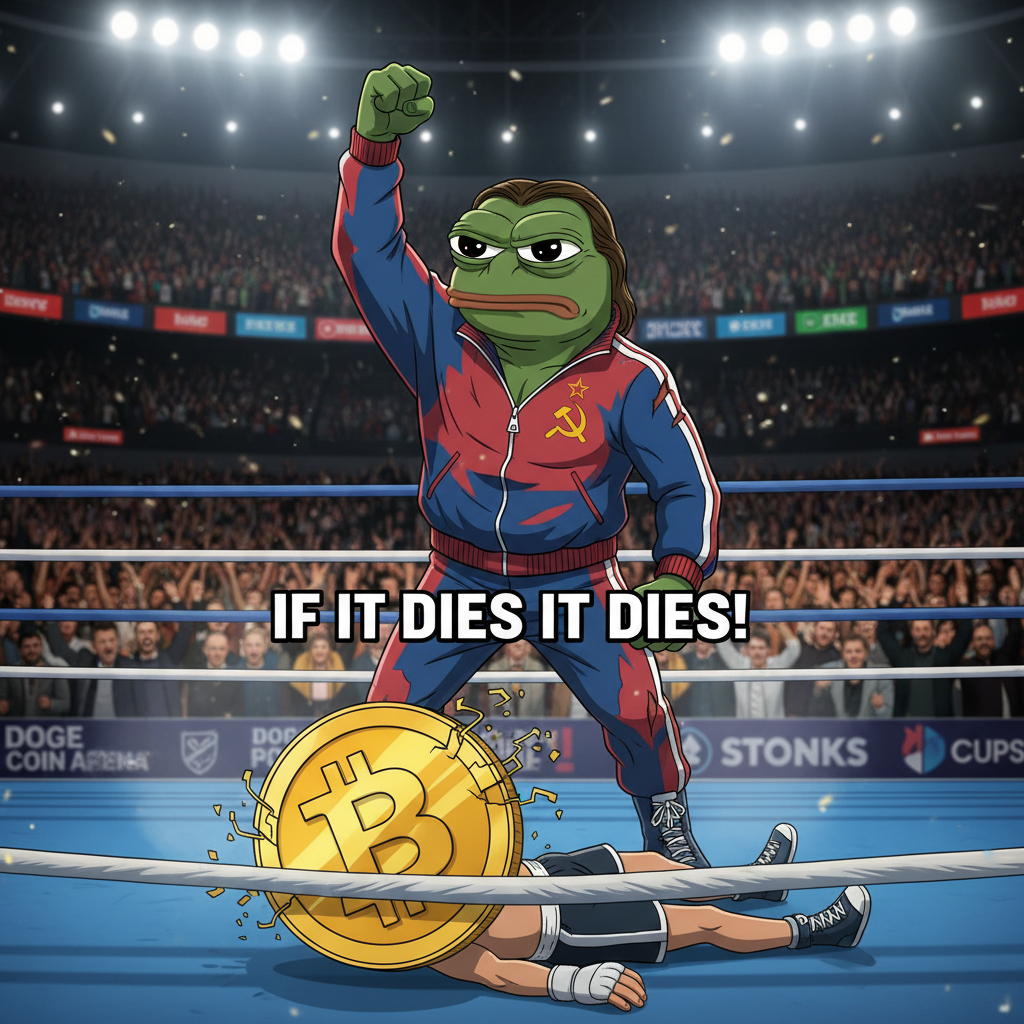 !nb  Pepe the frog as the russian fighter in rocky standing over boxer as bitcoin saying “if it die…