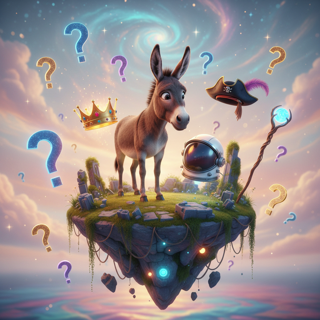 Who Am I Again?
!nb A donkey standing on a floating island surrounded by giant floating question ma…