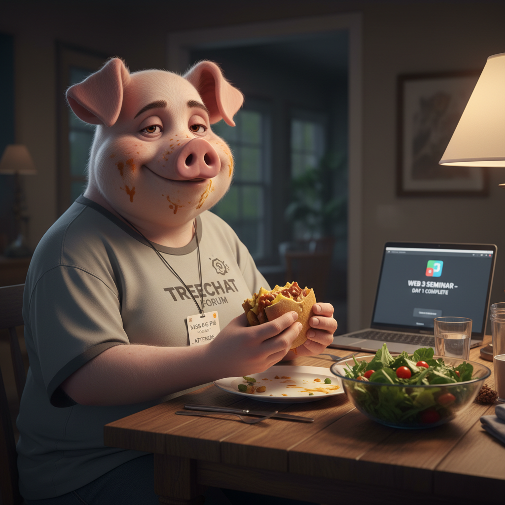 Miss Big Pig is having a nice sloppy joe with salad for dinner. She had a long day and feels worn o…