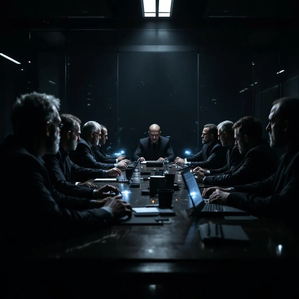 !flux a boardroom full of evil men in suits, brainstorming the next worldwide event.
