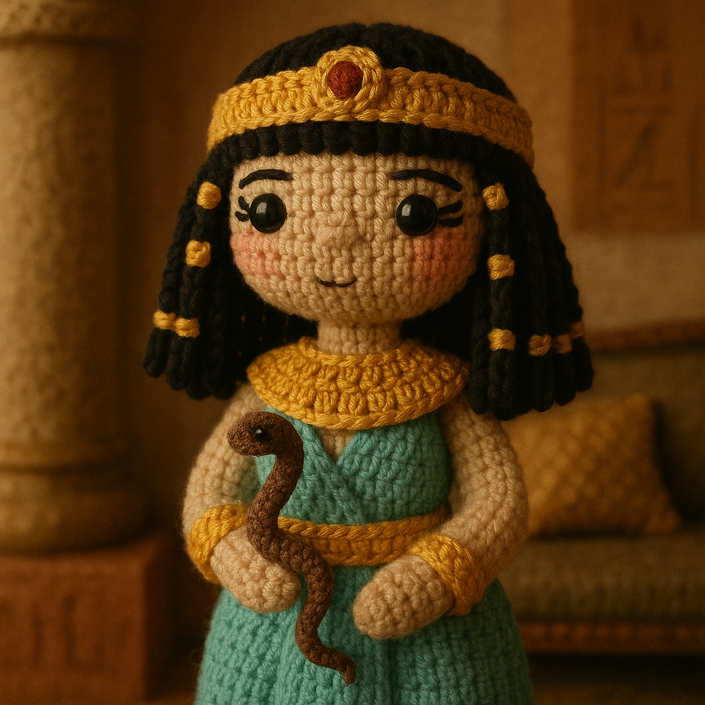 !gpt4o A crochet doll-style of Cleopatra, made with soft yarn textures and intricate handcrafted de…